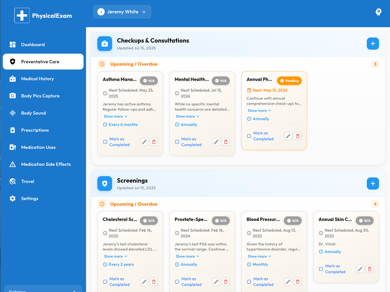 A calendar showing a schedule of health check-ups and reminders