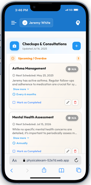 Mobile screenshot of the health dashboard
