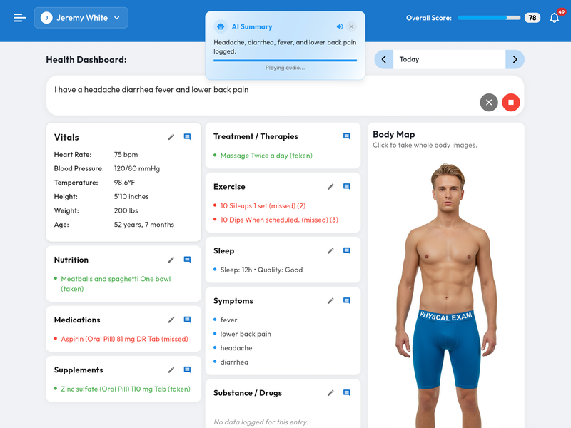 A smartphone showing the symptom logging interface of the app